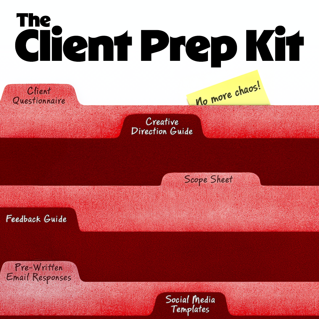 Red file folder with labeled tabs on a white background, featuring text 'The Client Prep Kit'.