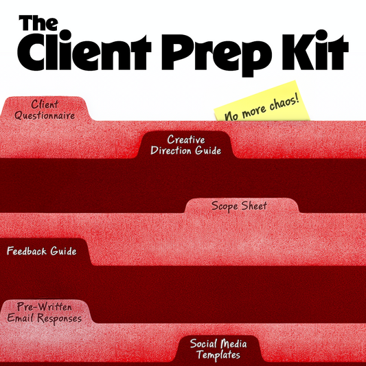 Red file folder with labeled tabs on a white background, featuring text 'The Client Prep Kit'.